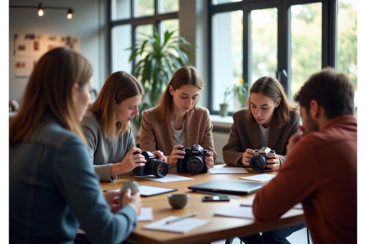 Personas en un taller de fotografía aprendiendo sobre cámaras